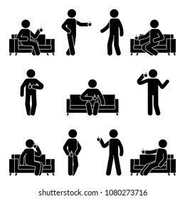 Stick figure drinking coffee set. Vector illustration of resting man on sofa 
