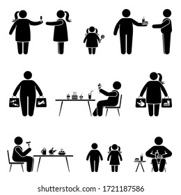 Stick figure eating sweets, fast food, fat meal, shopping, buying unhealthy products vector icon pictogram. Obese man and woman have lunch, dinner, snack silhouette set