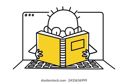 Stick figure, E-books, man reading, online learning concept. Cartoon style. Vector illustration.