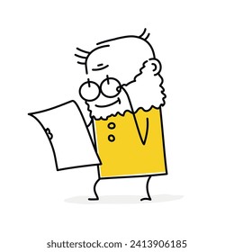 Stick figure. Elderly stickman holds document and carefully studies it. Cartoon style. Vector illustration.