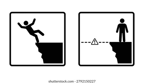 Stick figure Falling And Warning Sign Near Cliff Edge Black Silhouette human person precipice danger