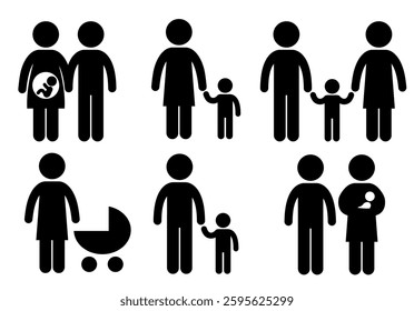 Stick figure family. Father mother and child. Parents and baby stick figures. Pregnancy