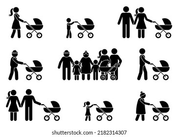 Stick figure family man, woman, grandpa, grandma with stroller. Stickman walking with baby carriage, perambulator, pram