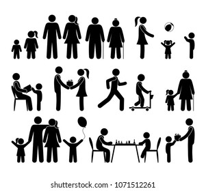 stick figure family, people icons set, illustration of relationships and kinship, simple pictograph isolated, joint leisure of relatives, parents and children