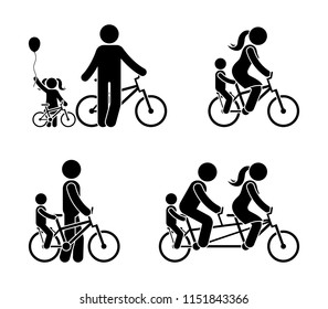 Stick figure family riding bicycle pictogram. Happy mam, dad and kid outdoor
