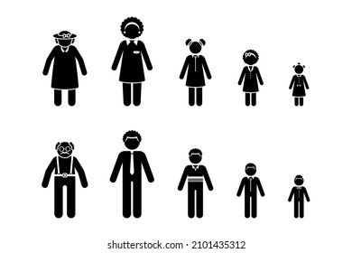 Stick figure family standing front view vector icon illustration set. Grandparents, father, mother, children, stickman kids silhouette pictogram on white