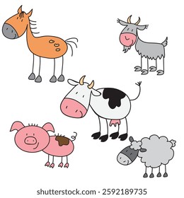 Stick figure farm animals vector cartoon illustration