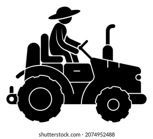 Stick figure, farmer in straw hat drives farm tractor. Transport and equipment for transporting agricultural products on field. Simple black and white vector isolated on white background