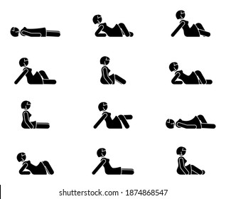 Stick Figure Female Lie Down Various Positions Vector Illustration Icon Set. Woman Person Sleeping, Laying, Sitting On Floor, Ground Side View Silhouette Pictogram