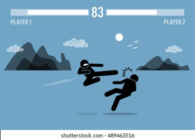 Stick figure fighter characters fighting inside a video game scene with health bars on top. One person is flying kicking another man with beautiful scenery at the background.