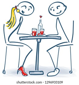 Stick figure at the first date at the little romantic table