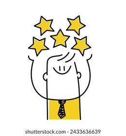 Stick figure with five stars. Concept of customer service and user experience. Cartoon style. Vector illustration.