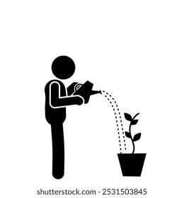 stick figure flat character illustration watering a plant 