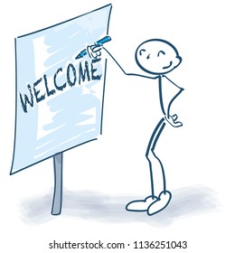 Stick figure with flip-chart and welcome