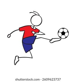 Stick figure of football player kick the ball.