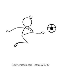 Stick figure of a football soccer player kick the ball action schene and illustration.