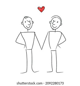 Stick figure gay couple holding hands with red heart