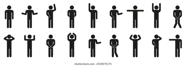 Stick Figure Gesture Silhouette Icon Set. Man in Different Poses Filled Pictogram Collection. Isolated Vector Illustration.