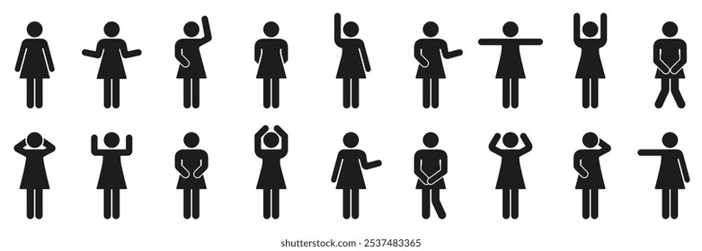 Ícone de silhueta de gesto de figura de palito definido. Mulher em Diferentes Posas Pictograma de Glifos. Ilustração de vetor isolada.
