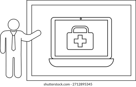 Pegue los gestos de la figura a una pantalla que muestra una computadora portátil con un icono del kit médico
