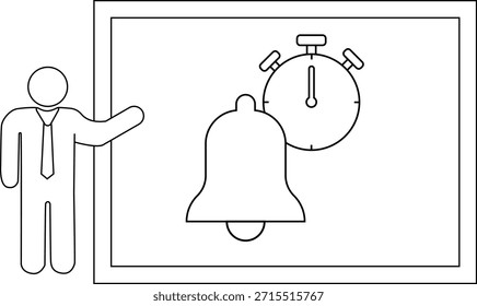 A stick figure gestures toward a frame containing a bell and a timer