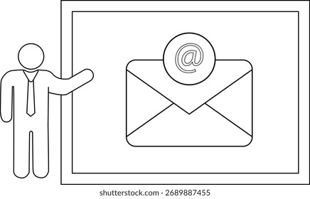 A stick figure gestures towards a framed image of an email envelope with an symbol