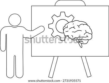 A stick figure gestures towards a whiteboard displaying a gear and a brain