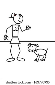 Stick figure of a girl with a dog