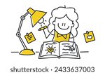 Stick figure, girl doing homework by read and writing on his desk. Vector illustration. Cartoon style. Vector illustration.