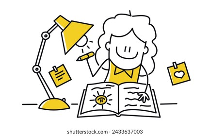 Figura de palo, chica haciendo la tarea por leer y escribir en su escritorio. Ilustración vectorial. Estilo de dibujos animados. Ilustración vectorial.