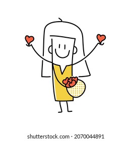 Stick figure girl gives hearts. Donation concept. Doodle style. Vector illustration.