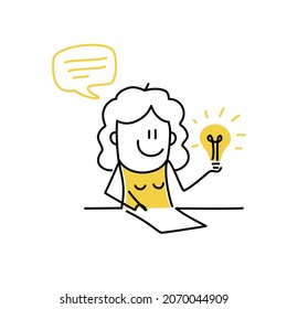 Stick figure girl holds a light bulb and writes down ideas. Woman working. Doodle style. Vector illustration.