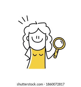 Stick figure girl with magnifying glass. Search, find, discovery, inspect, investigation concept illustration in cartoon. Hand drawn vector illustration.