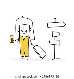 Stick figure of a girl with a passport and luggage stands next to a signpost. Vector illustration.
