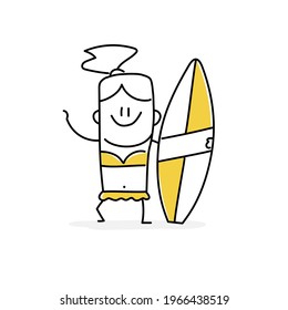 Stick figure of girl posing with surfboard. Vector illustration.