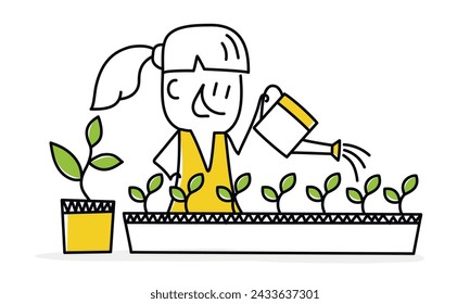 Stick figure, girl with a watering can, botany, biology school subject. Cartoon style. Vector illustration.