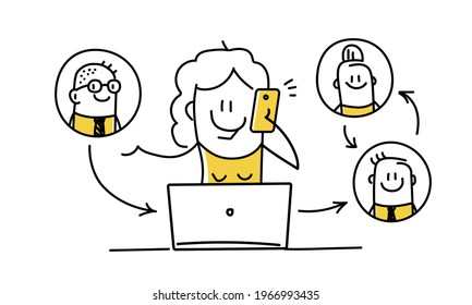 Stick figure of girl works with computer and phone. Employee management, management of people, business, relationships. Vector illustration.