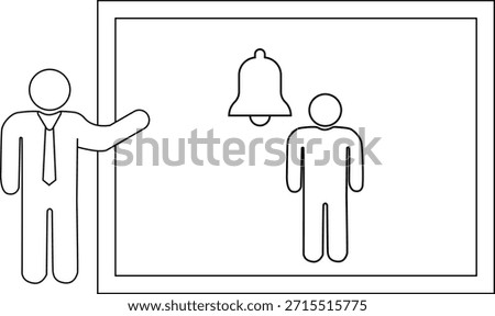 A stick figure gives a presentation about a person and bell inside a frame
