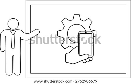 Stick figure giving presentation next to board showing cogwheel behind smartphone