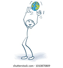 Stick figure with a globe and helping the wold