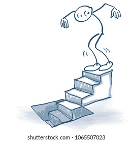 Stick figure goes down a staircase to the basement