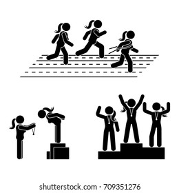 Stick Figure Gold, Silver, Bronze Medal Receiving Award Vector Icon. Reward Prize Woman Pictogram. Black And White Running Sport Posture Competition