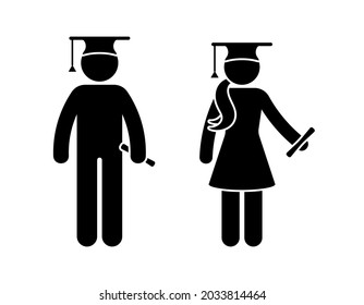 Stick figure graduate teenage boy and girl vector icon illustration set. Young students standing with diploma wearing cap, hat with tassel silhouette pictogram on white