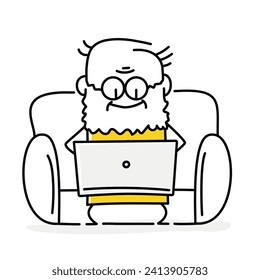 Figura de palo. Abuelo sentado en un sillón con una laptop. Estilo de caricatura. Ilustración vectorial.