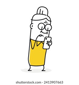 Stick figure. Grandma holding, using mobile phone. Cartoon style. Vector illustration.