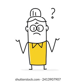 Stick figure. Grandmother confused puzzled question ask not sure pick do not know. Cartoon style. Vector illustration.