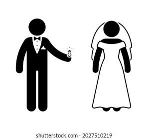 Stick figure groom, fiance and bride at wedding ceremony vector icon illustration. Newlyweds with diamond ring silhouette pictogram on white