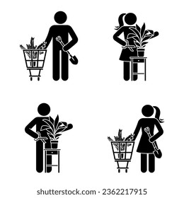 Stick figure guy and lady gardening home flowers vector illustration set