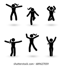 Stick figure happiness, freedom, jumping, motion set. Vector illustration of celebration poses pictogram