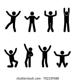 Stick figure happiness, freedom, jumping, motion set. Vector illustration of celebration poses pictogram